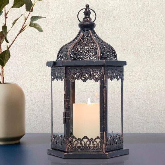 New 15Inch Vintage Lantern with Clear Glass, Metal Candle Holder for Home Decor